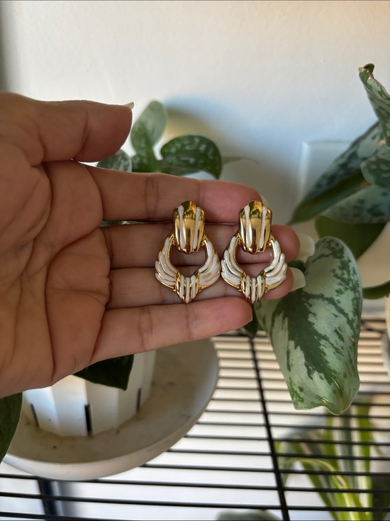 Jewelry - Gold and White Winged Hoop Drop Earrings - Women Jewelry